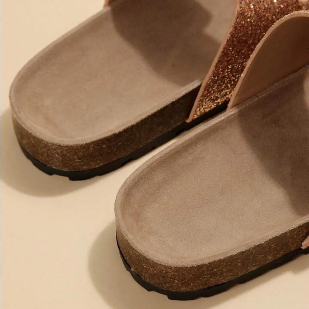 Glamorous Sandals For Women, Glitter Double Buckle Decor Flat Sandals - Picture 4 of 6